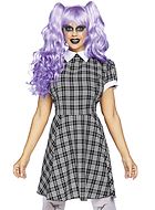 Creepy doll, costume dress, collar, puff sleeves, checkered pattern